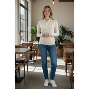 OGL Top Size M NEW Ivory Misty Mist Surplice Long Sleeve Top V Neck Stretch